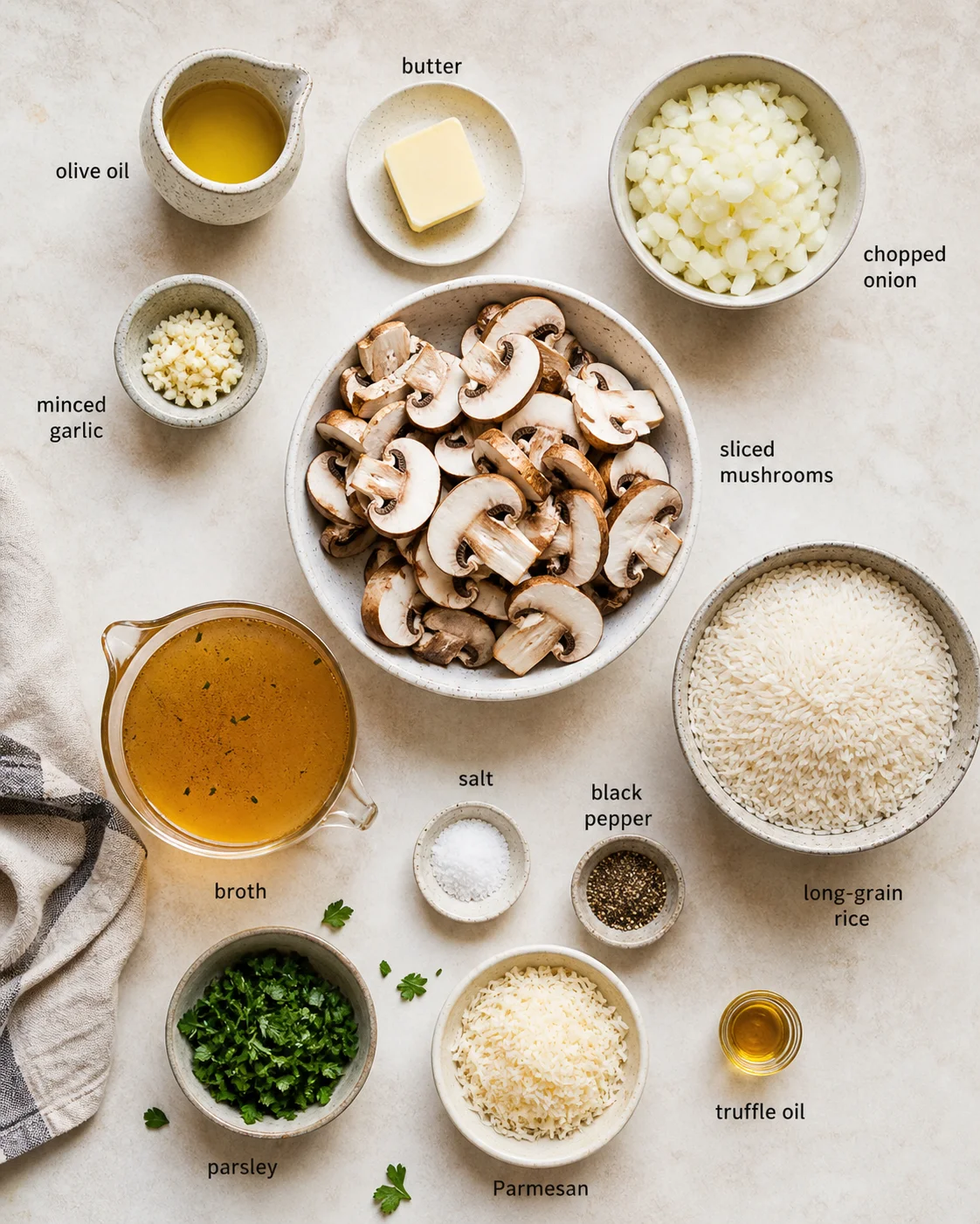 Overhead shot of labeled ingredients for mushroom dish arranged around a central bowl of sliced mushrooms.