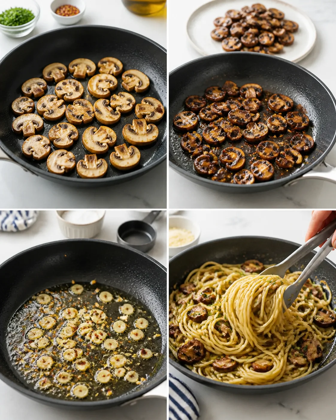 Collage showing mushroom slices browning, garlic in oil, and pasta with mushrooms in a pan.