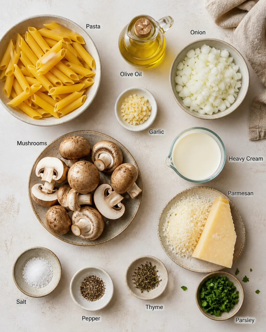 Overhead view of mushroom-pasta ingredients arranged with pasta, onion, garlic, mushrooms, cream, parmesan, herbs, and seasonings