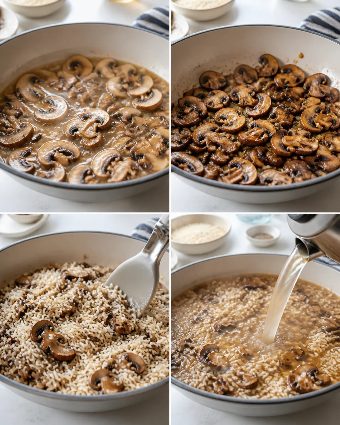collage showing mushroom sauté stages in a pan: simmering, browning, stirring rice while stock is poured.