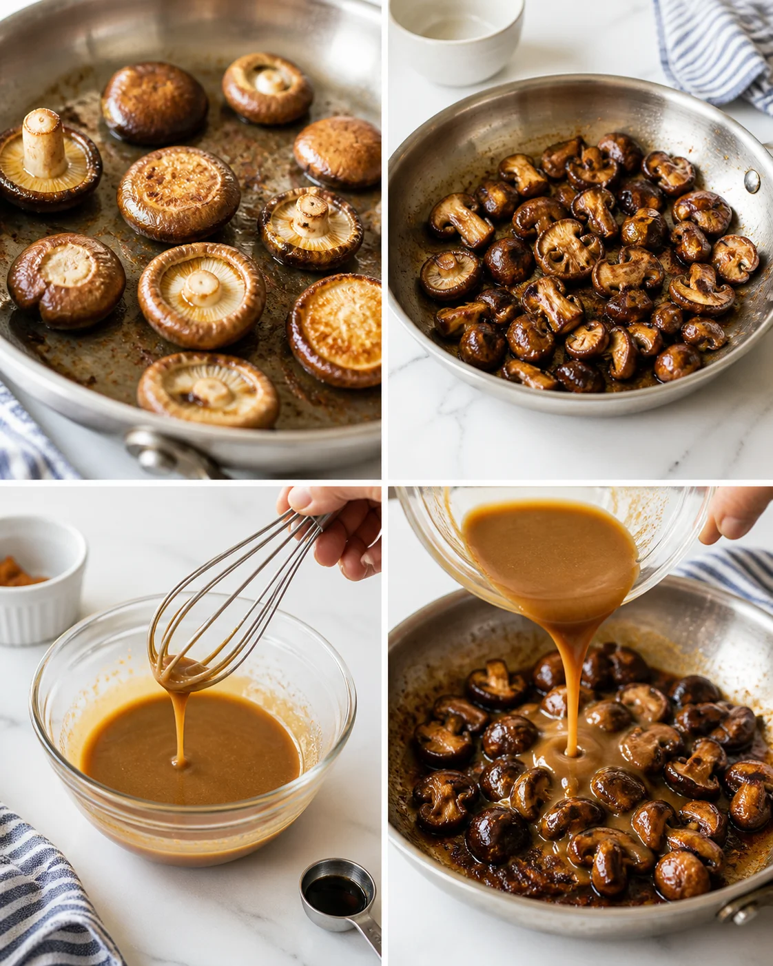 collage showing mushroom searing, small mushrooms in pan, whisking sauce, and saucy mushrooms
