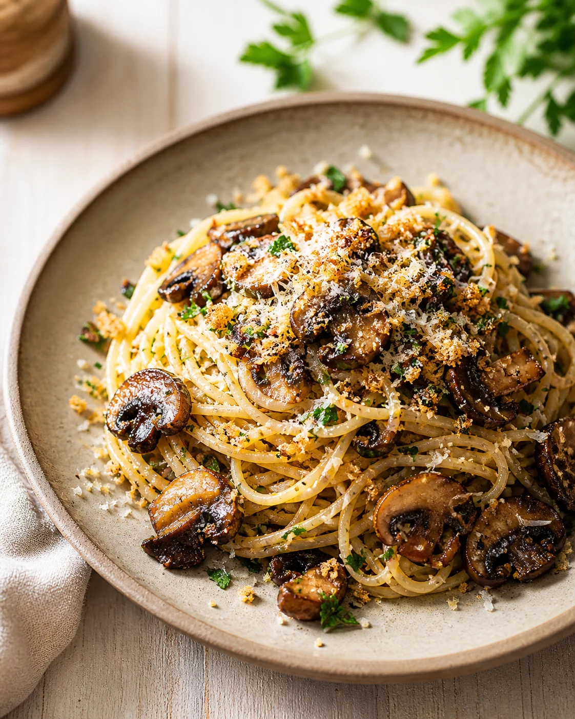 Creamy garlic spaghetti with browned mushrooms, parsley, and crunchy breadcrumbs on a beige plate.