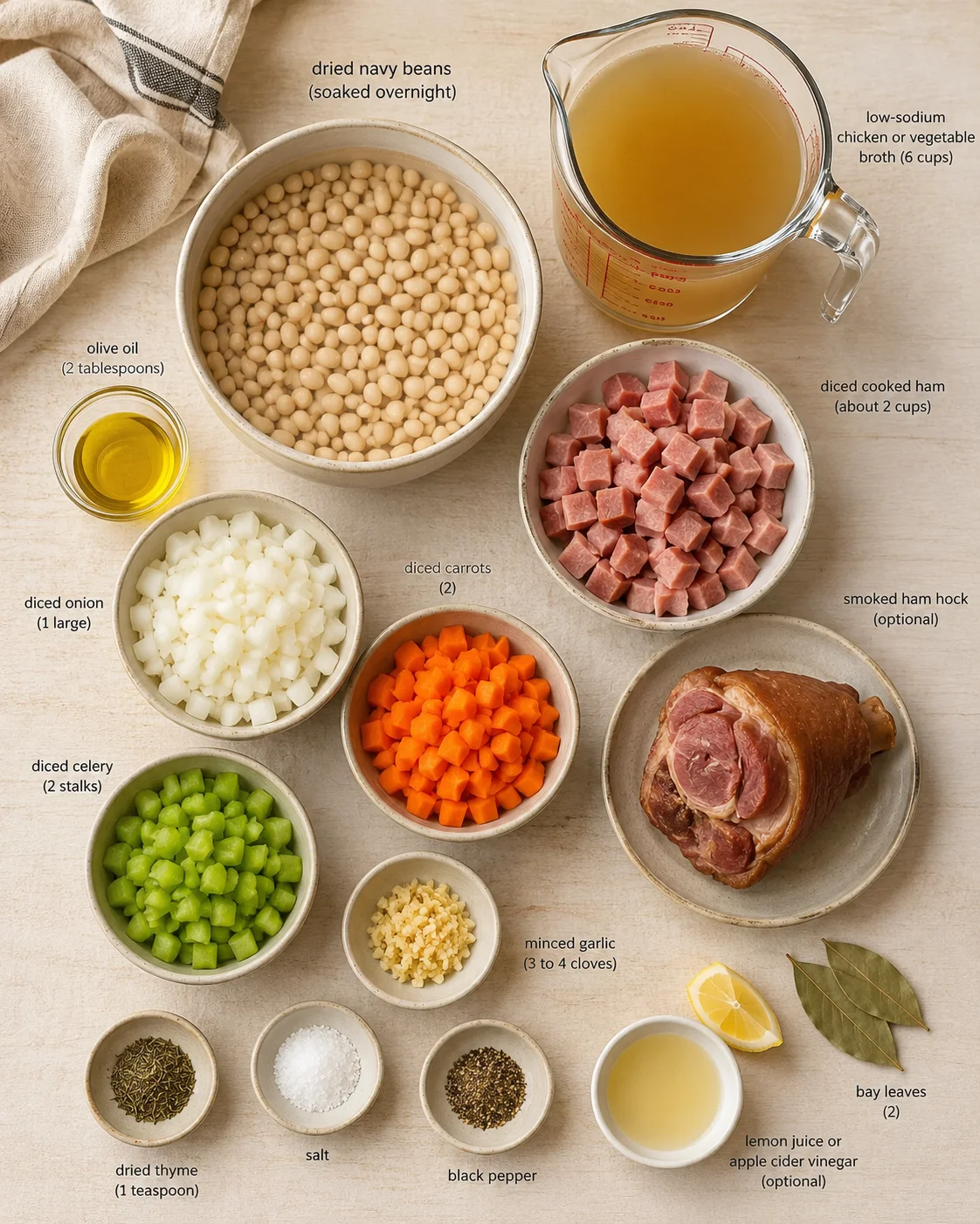 Overhead view of labeled bowls and ingredients for navy bean ham stew.