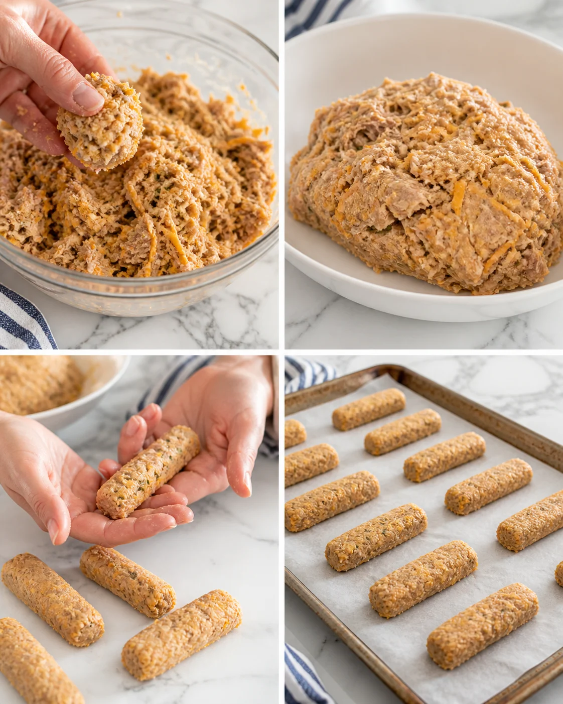 Collage showing no-bake energy bites: mixing dough, shaping logs, and arranging on a tray.