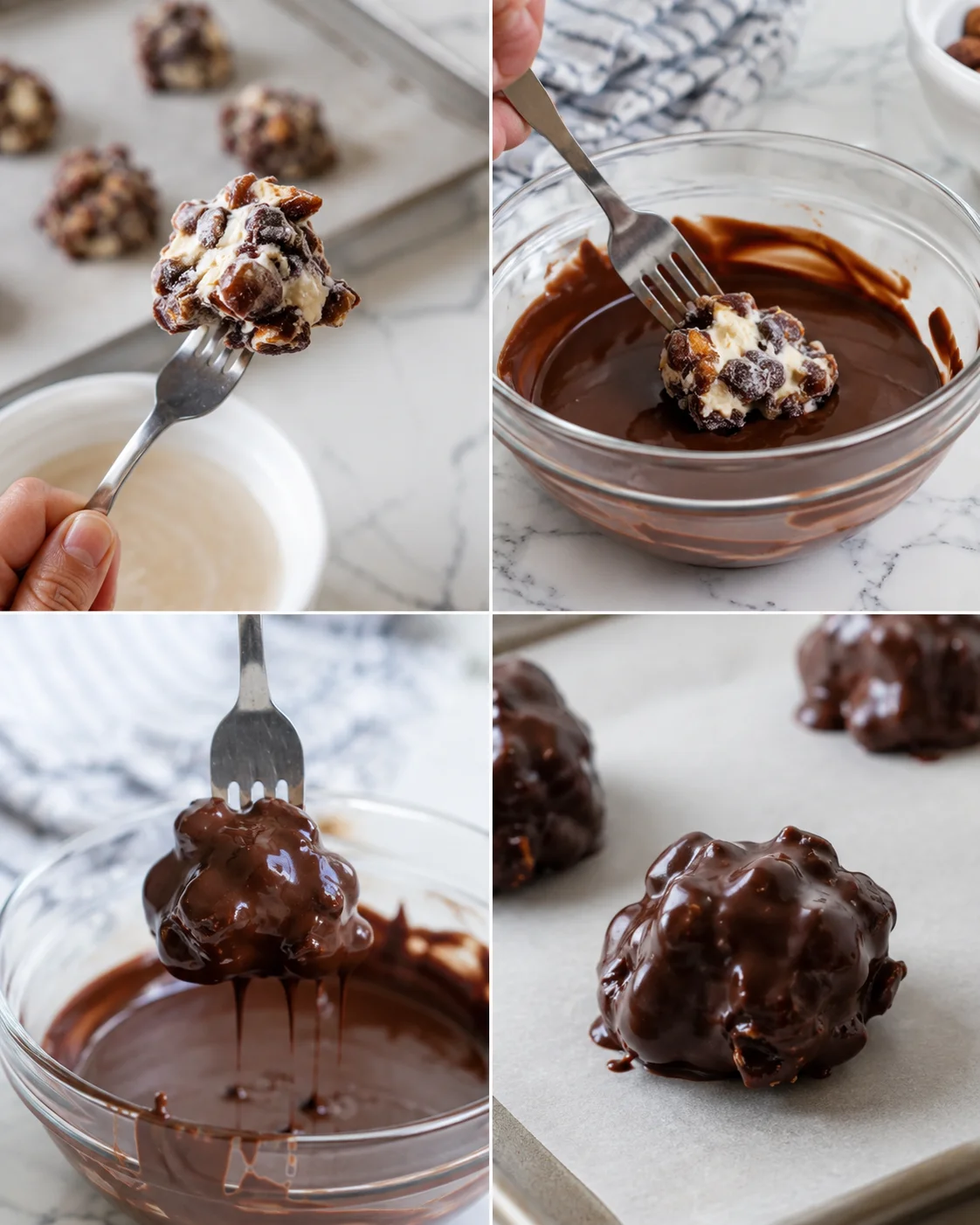 collage of chocolate-coated nut clusters on marble surface, showing dipping and glossy finish