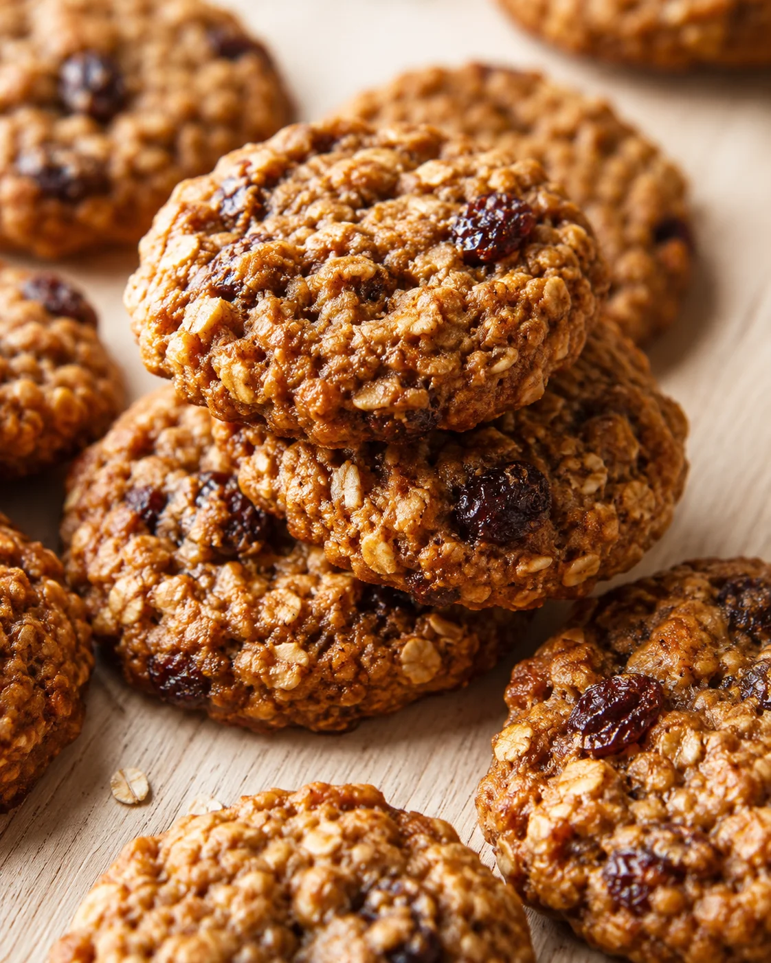 Close-up of golden brown oatmeal raisin cookies on a wooden board.