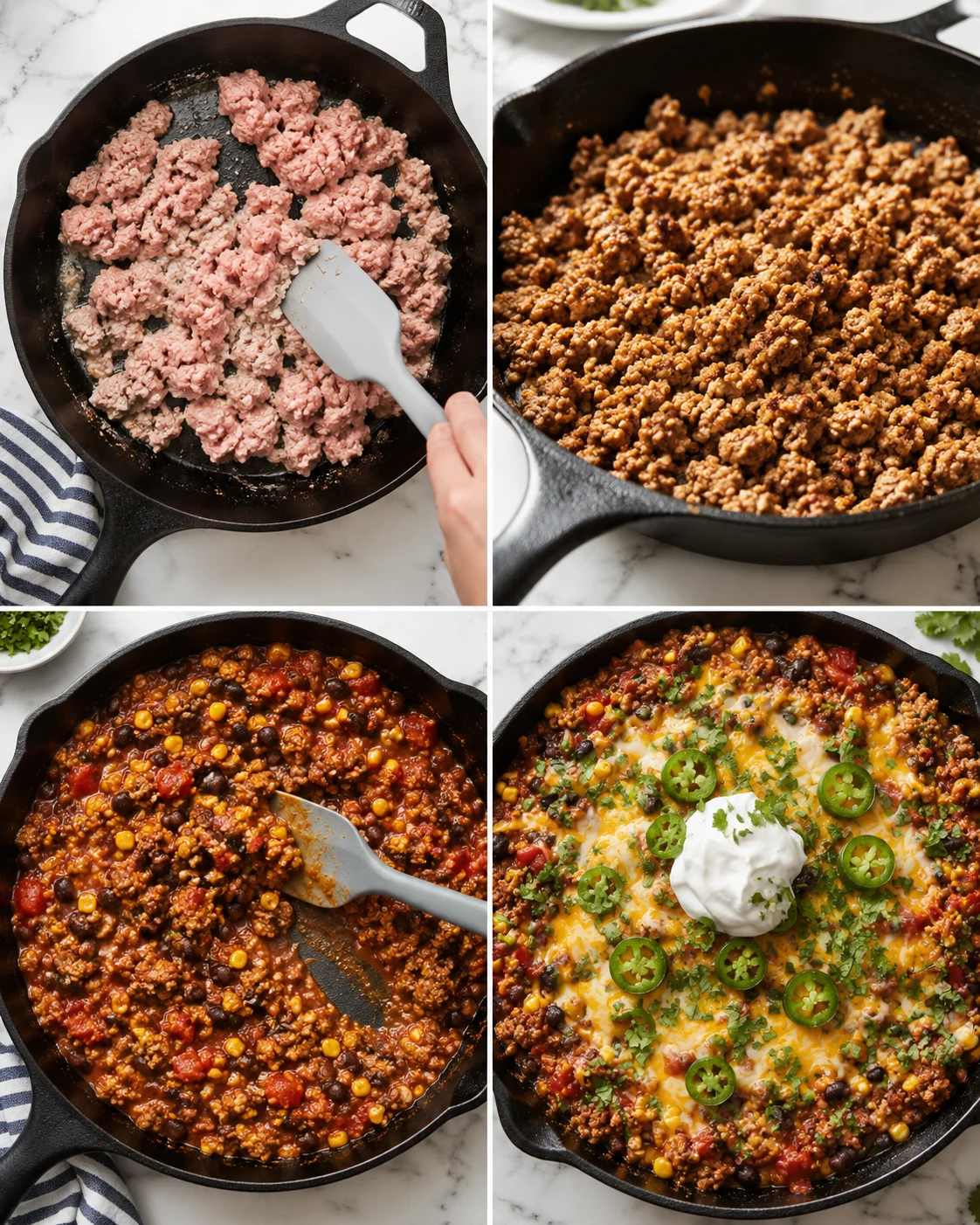Four-panel skillet progression: raw ground meat, browned meat, chili with corn and beans, finished cheesy bake.