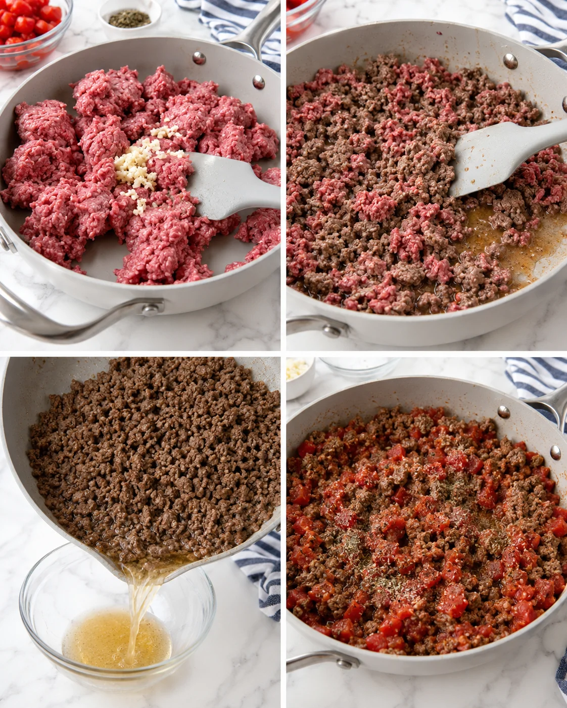 Four-panel collage shows raw beef with garlic, browning, then simmering with tomatoes in a white skillet.