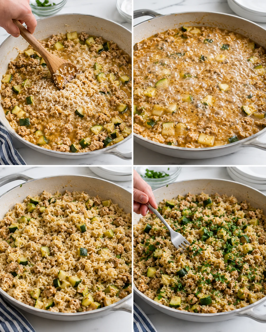 collage of a skillet with ground turkey, rice, and zucchini; hands stir, simmer, finish with herbs