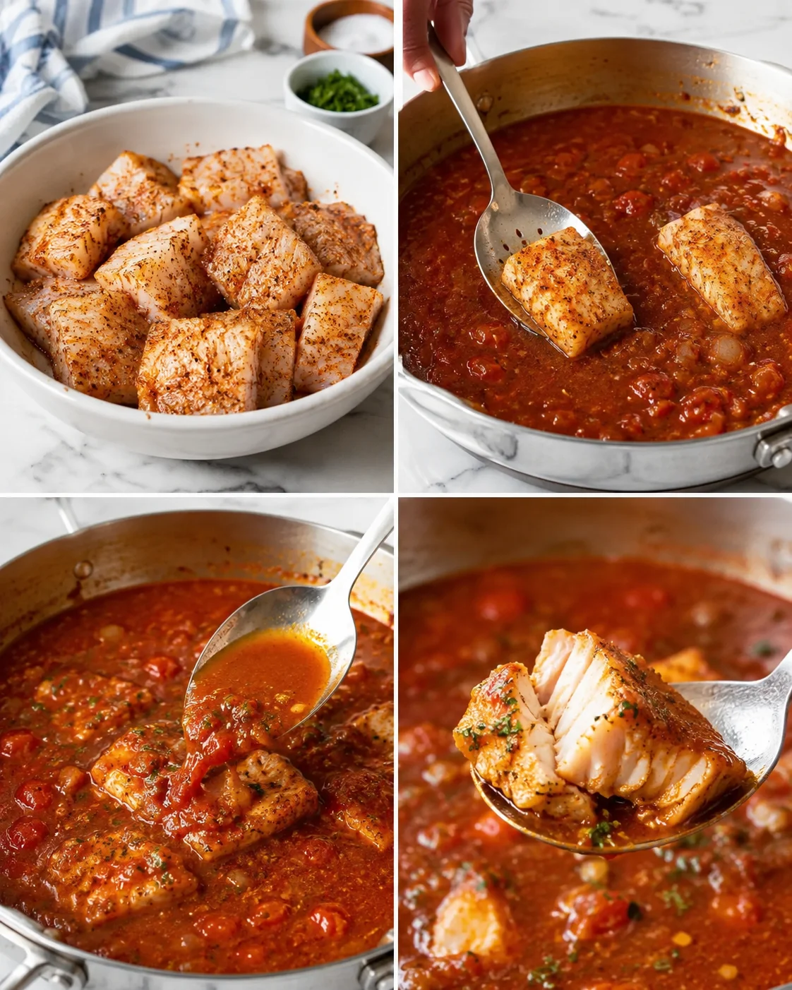 collage of four images: seasoned chicken cubes, simmering tomato sauce, and spoon lifting chicken from sauce.
