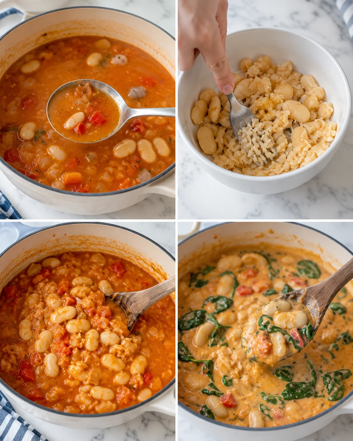 collage of four kitchen-step shots: tomato bean soup, white beans, and a creamy spinach-bean dish.
