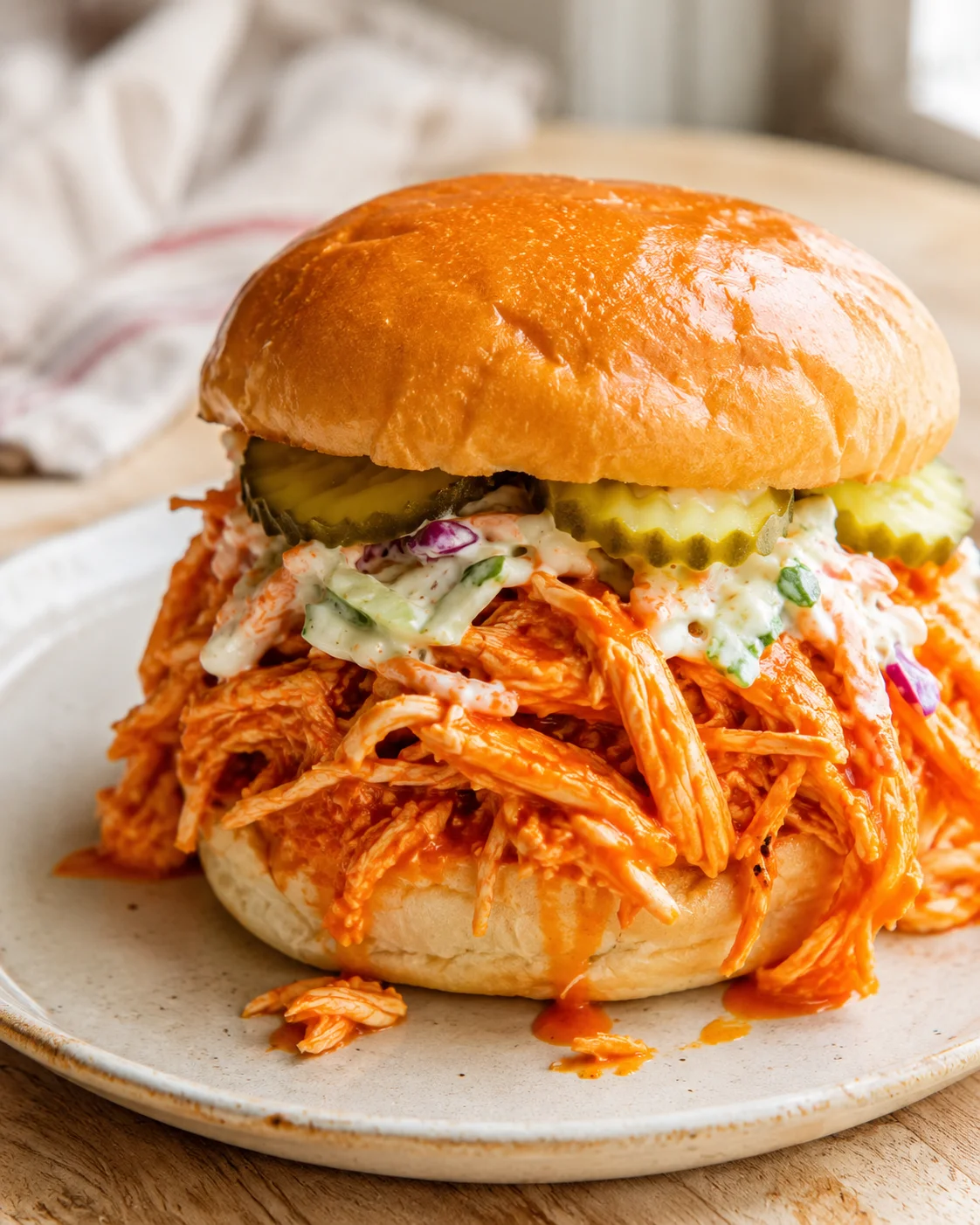 glossy bun with orange-shredded chicken, pickles, and creamy slaw on plate