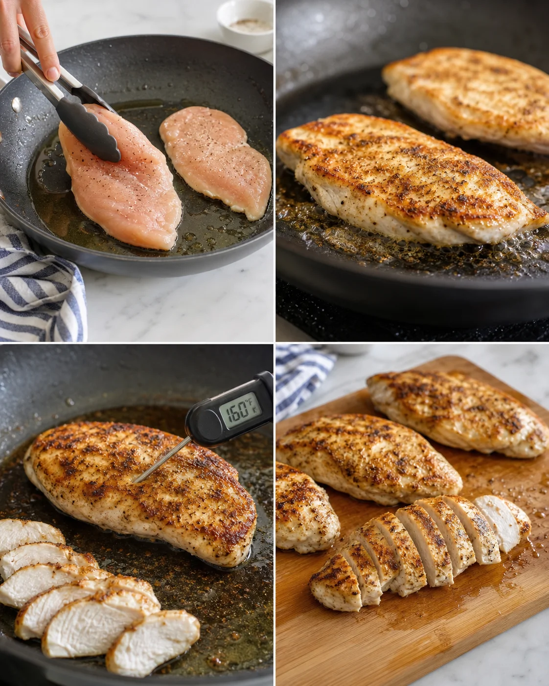 collage of searing chicken breasts in a skillet, thermometer reading 160°F, and sliced chicken on board