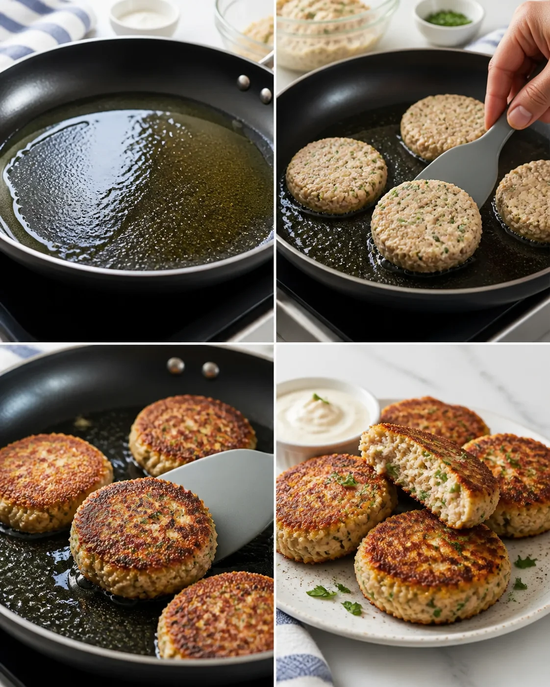 Four-panel collage showing oil in skillet, forming herb-flecked patties, browning, and plated finished patties.