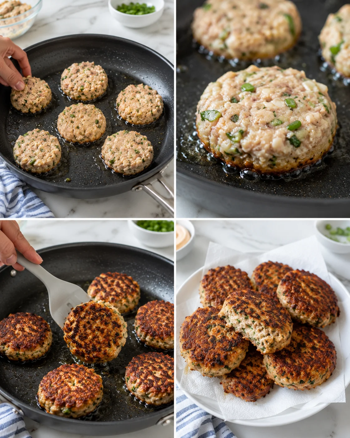 collage of round herb patties cooking in a skillet, from raw to browned and plated.