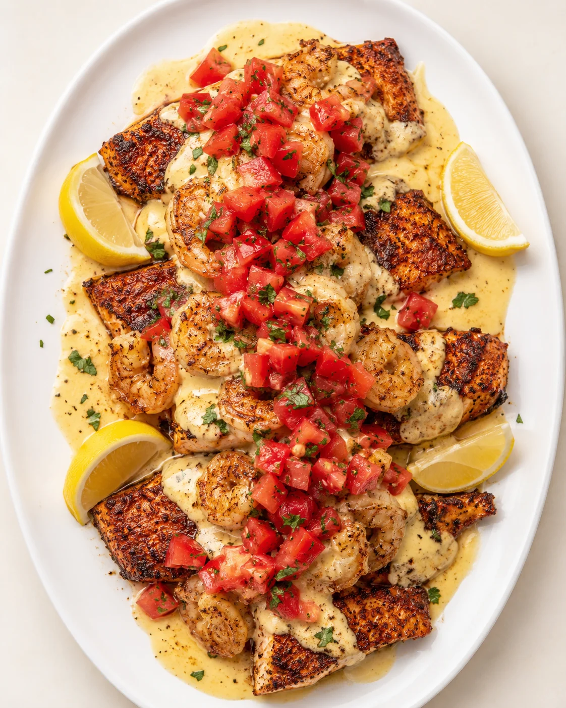 Pan-seared fish and shrimp on creamy sauce topped with tomato relish, with lemon wedges on a white oval plate.