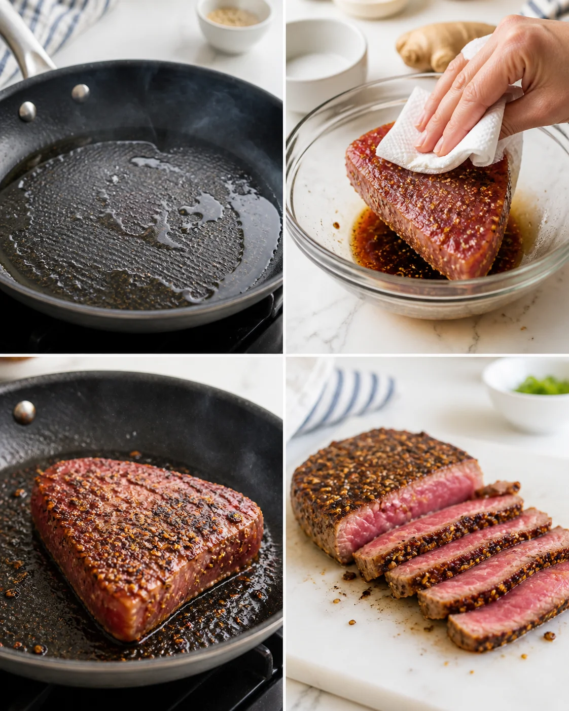 collage showing steak cooking steps: searing in skillet, marinating, and slicing the finished steaks