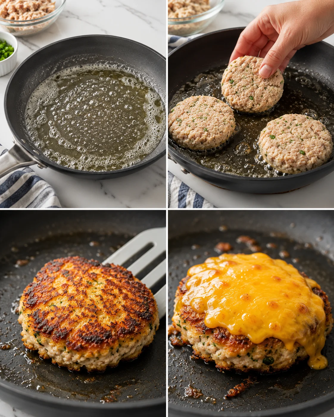 Four-panel collage of a bubbling skillet, raw herb burger patties, a browned patty on a spatula, and a cheese-topped patty