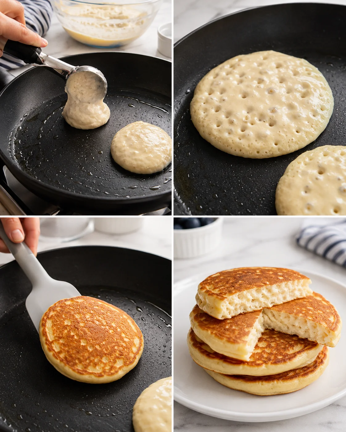 four-panel collage of pancake batter being poured, cooking, flipped, and stacked