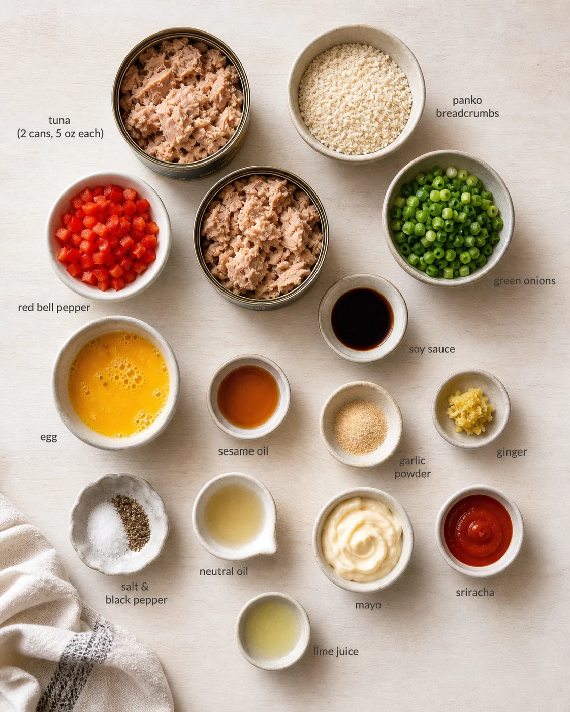 top-down view of labeled ingredients arranged in bowls for a recipe