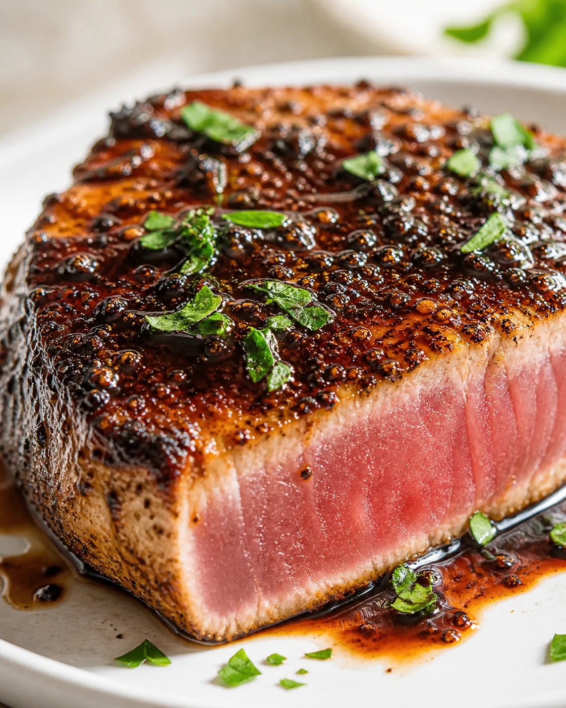 Close-up of a rare, pepper-crusted steak with glossy sauce and green herb garnish
