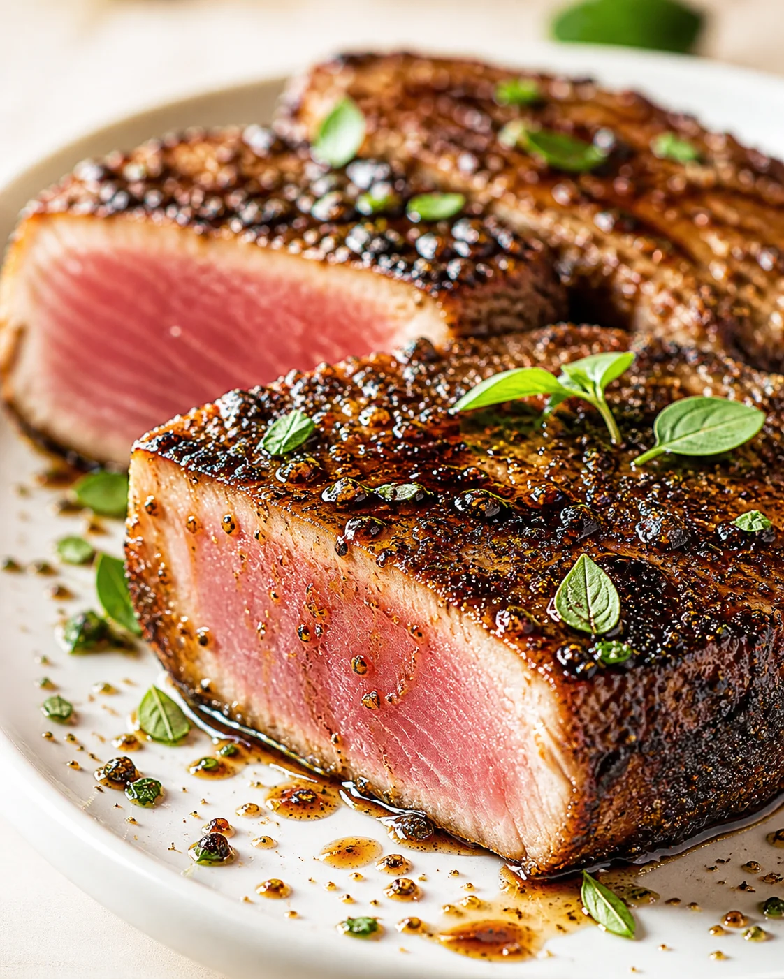 Thick pepper-crusted tuna steak sliced to reveal pink center, glazed with sauce and garnished with fresh herbs.
