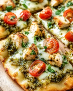 close-up of pesto-chicken flatbread pizza topped with mozzarella, chicken cubes, and cherry tomatoes