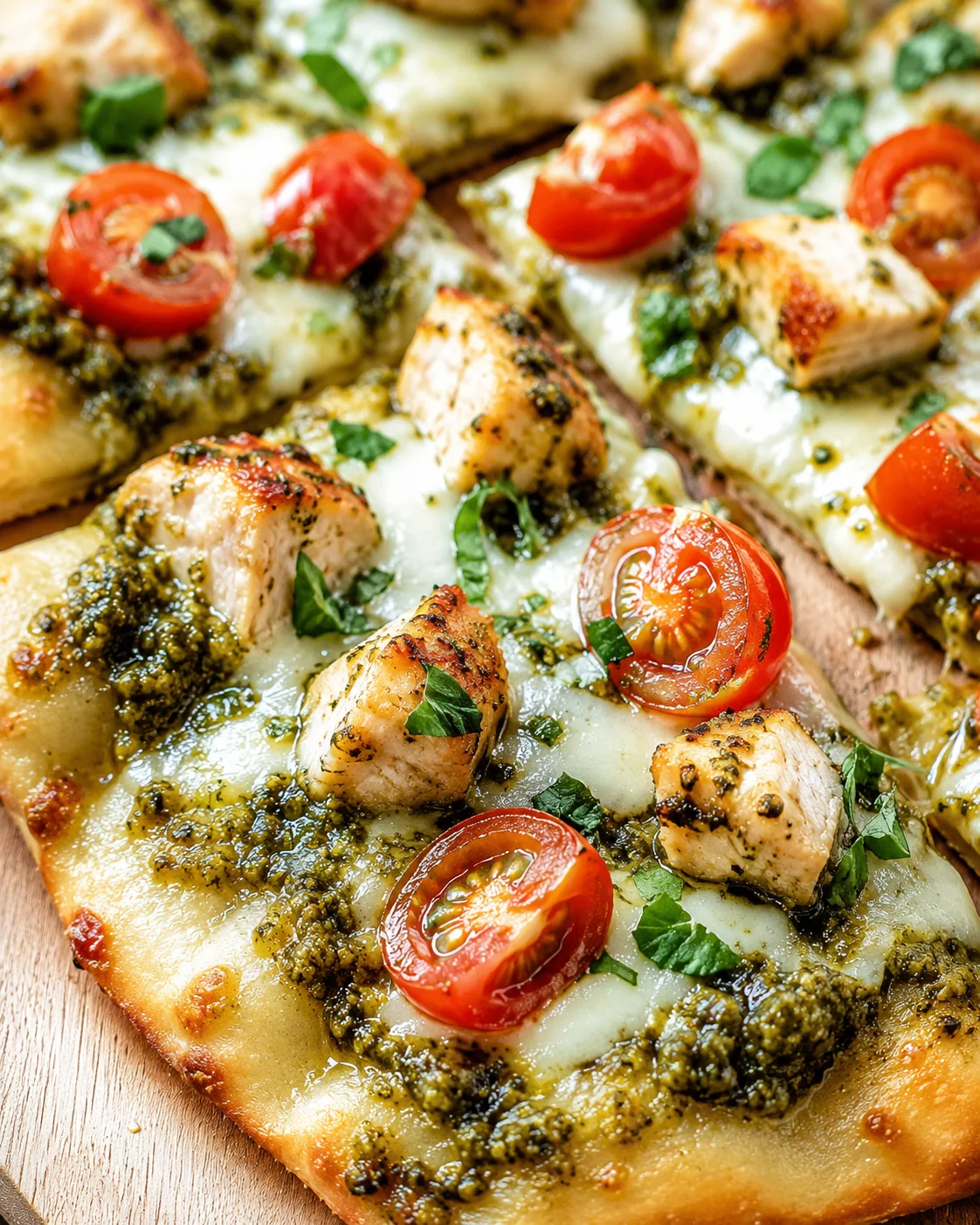 close-up of pesto-chicken flatbread pizza topped with mozzarella, chicken cubes, and cherry tomatoes