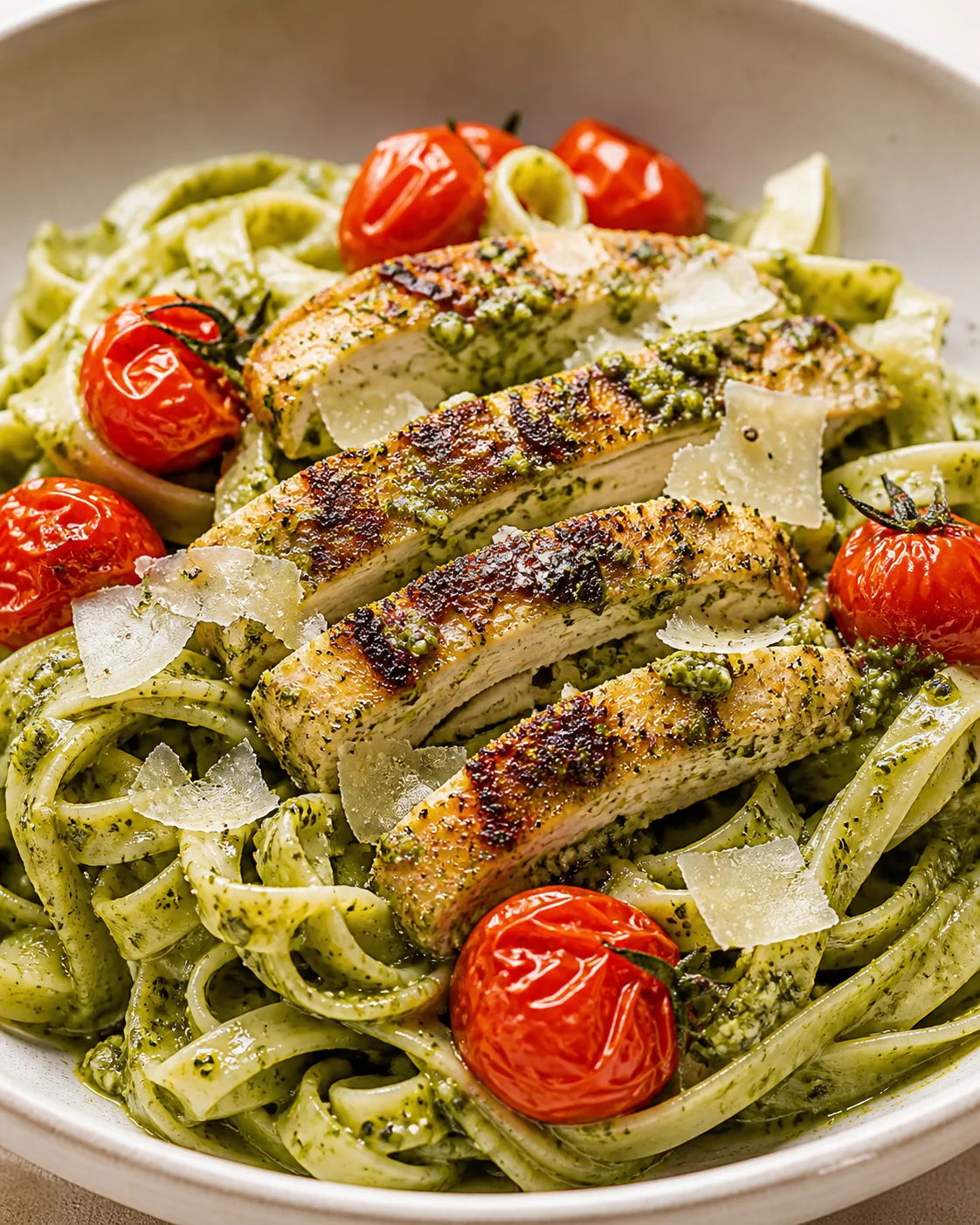 Pesto-coated pasta with grilled chicken, roasted tomatoes, and parmesan shavings.
