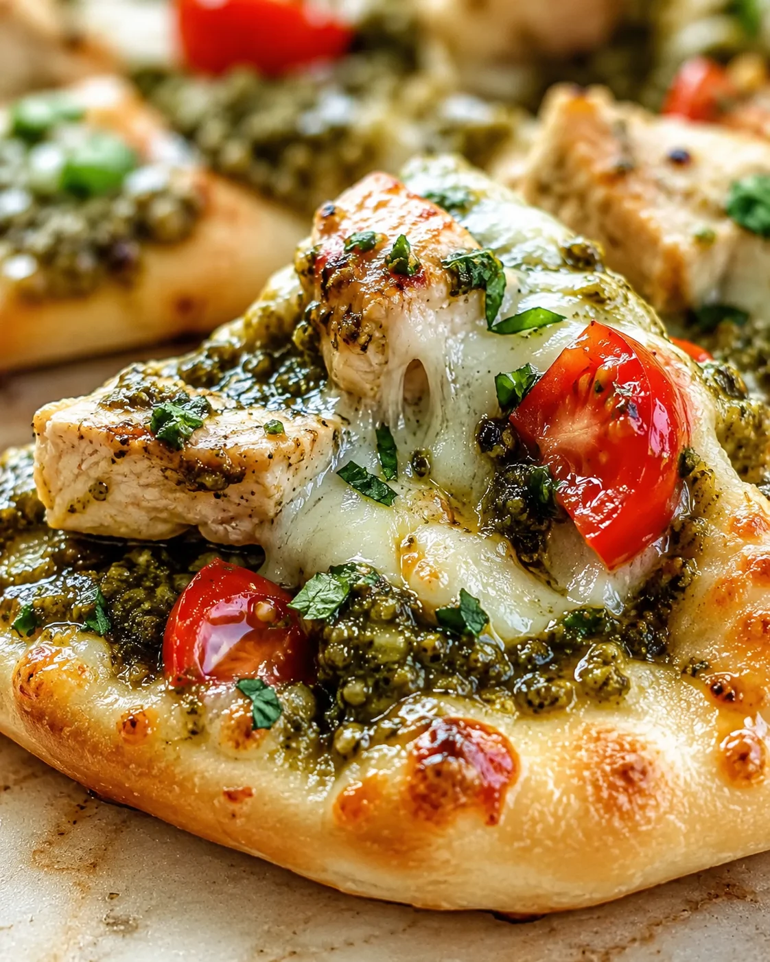 close-up of a cheesy pesto chicken pizza topped with tomatoes and herbs