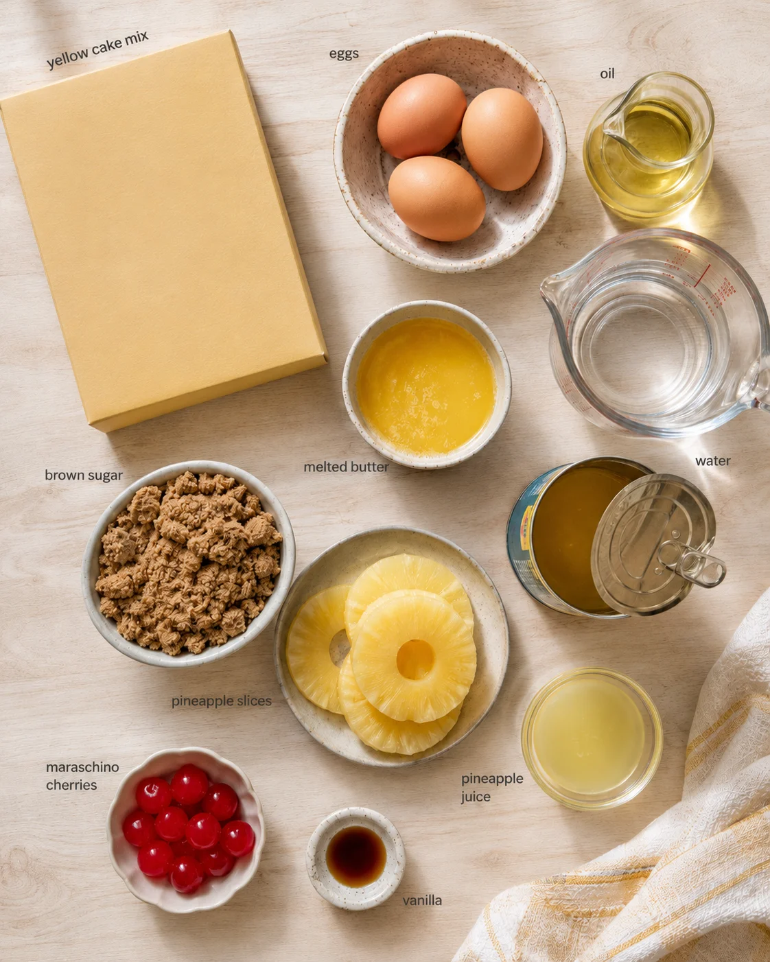 flat lay of cake-baking ingredients arranged on a light wooden surface