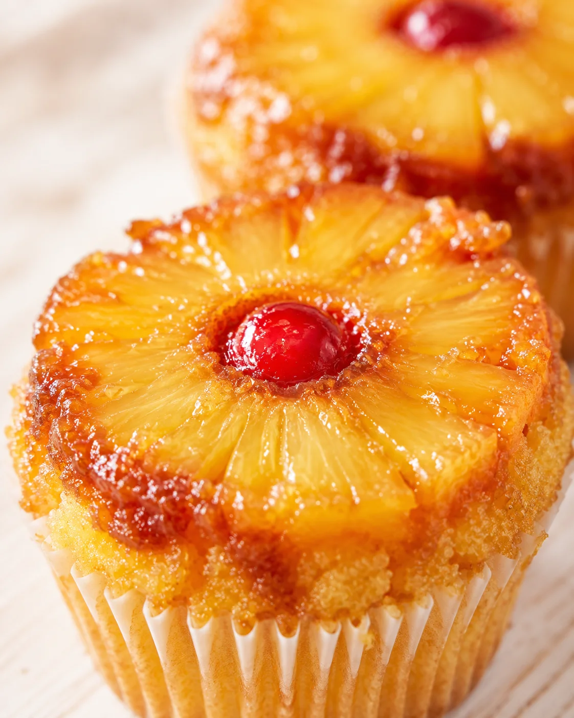 Close-up of a pineapple-topped cupcake with a bright red cherry in the center.