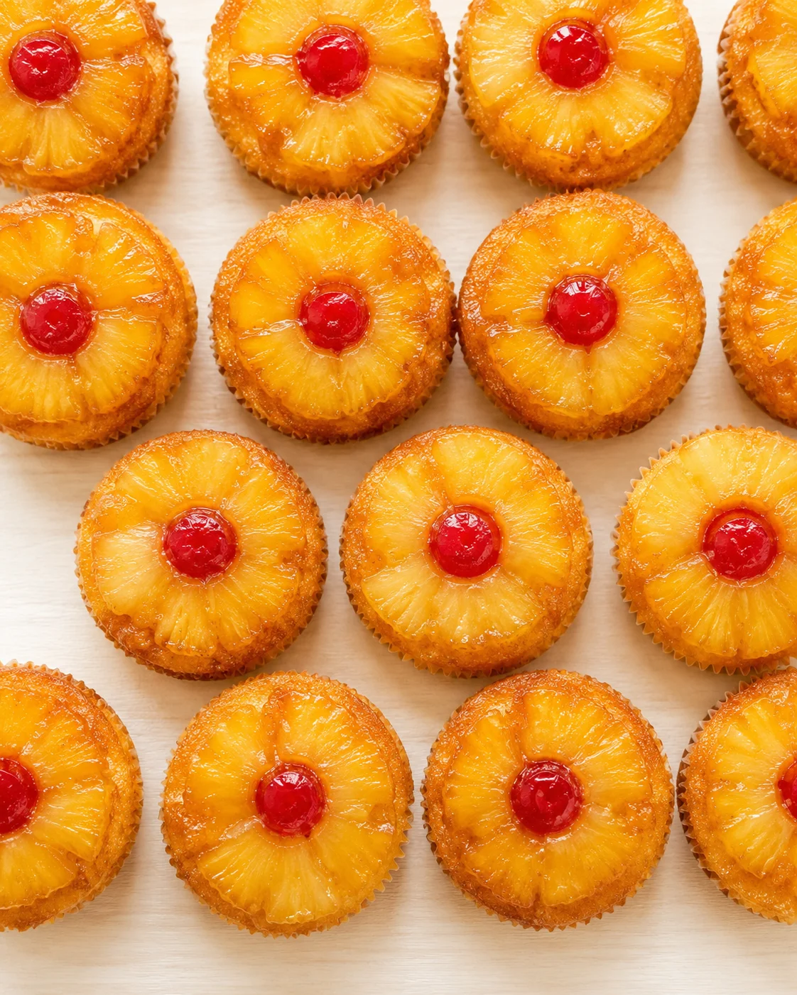 Top-down view of pineapple-ring cupcakes with cherry centers on a light wood background.
