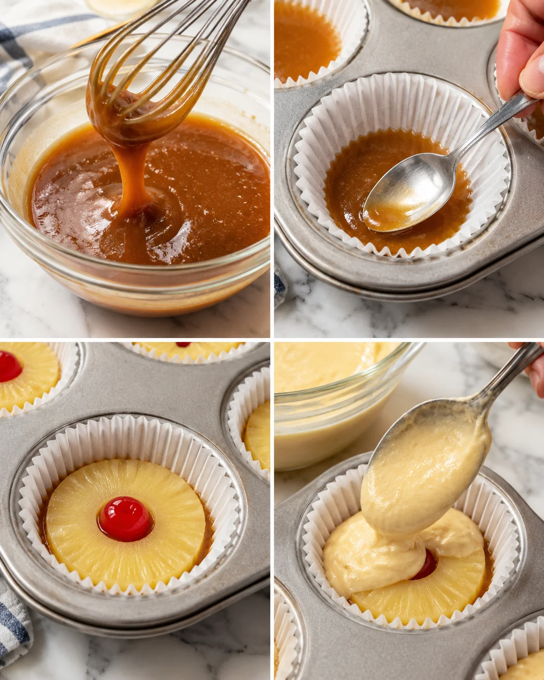 collage of pineapple upside-down cupcakes steps: caramel, pineapple rings with cherries, and batter being poured