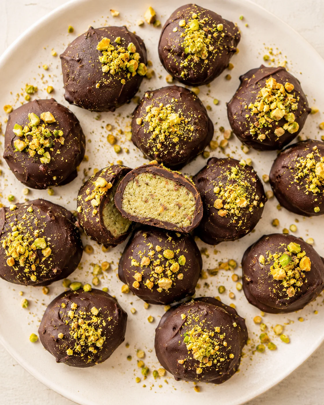 Glossy chocolate truffles topped with crushed pistachios on a light plate; one truffle cut open to show green pistachio filling.