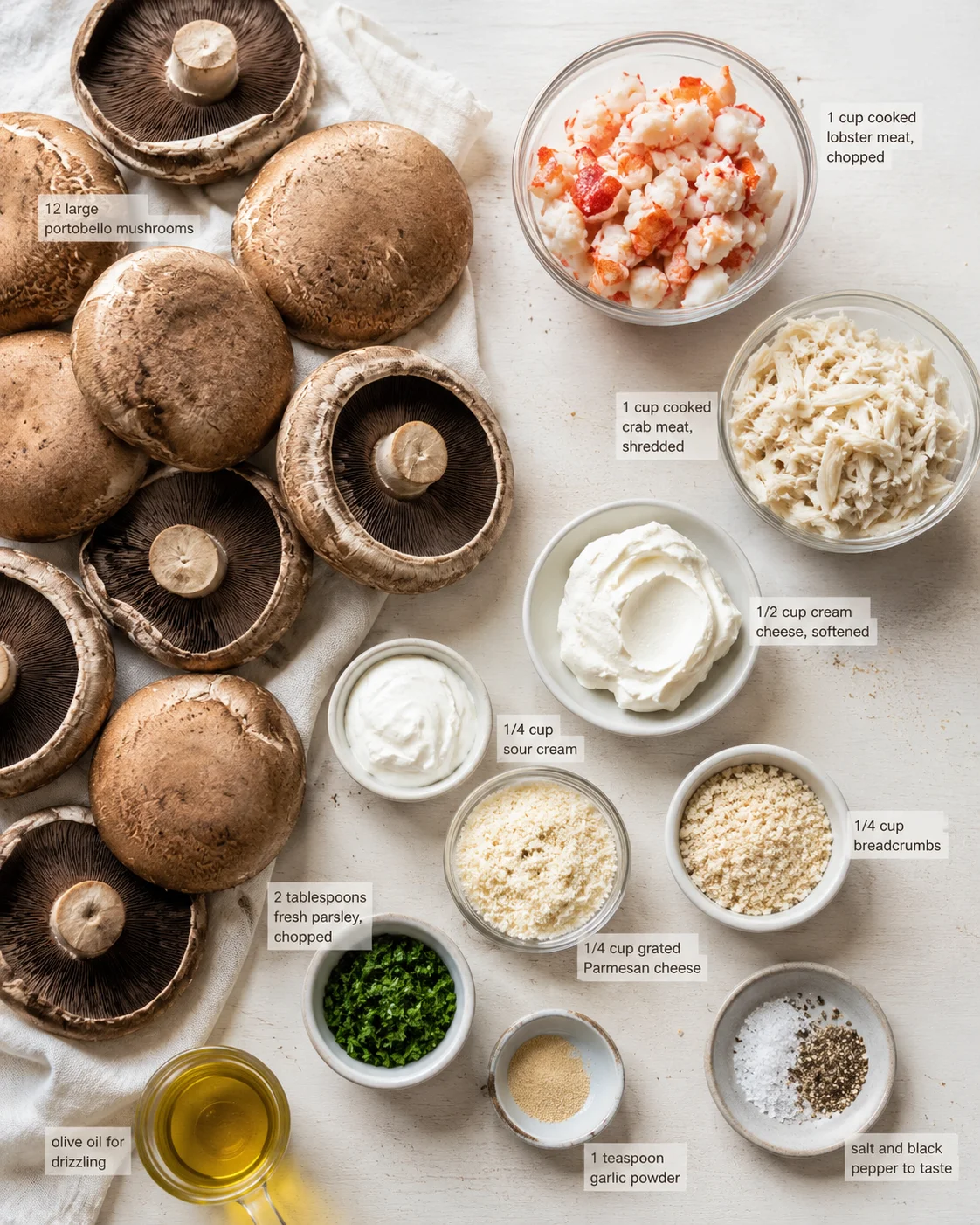Top-down view of portobello mushrooms with bowls of lobster, crab, cheeses, herbs, and seasonings for stuffing.