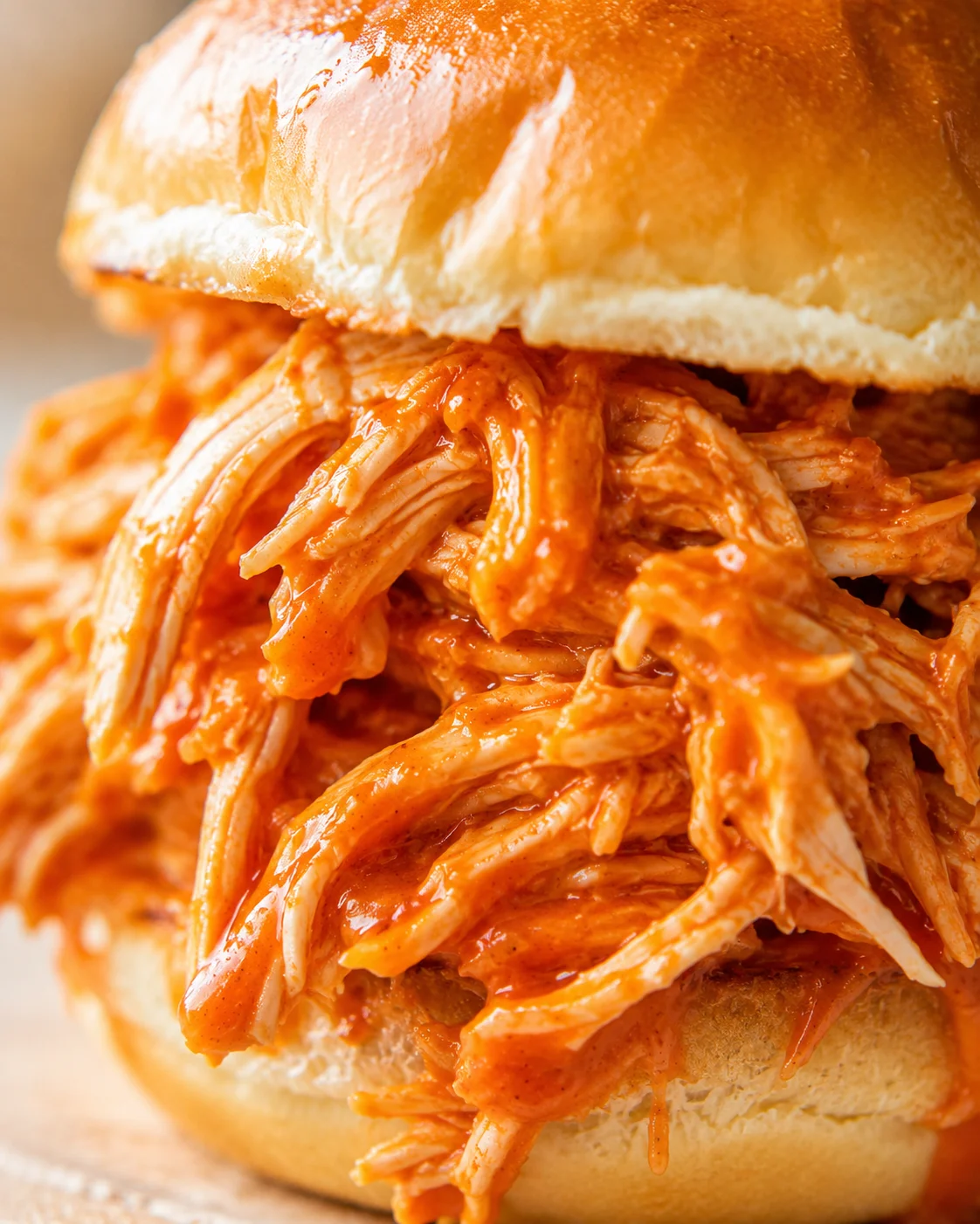Close-up of glossy orange-sauced shredded chicken filling spilling from a soft brioche bun