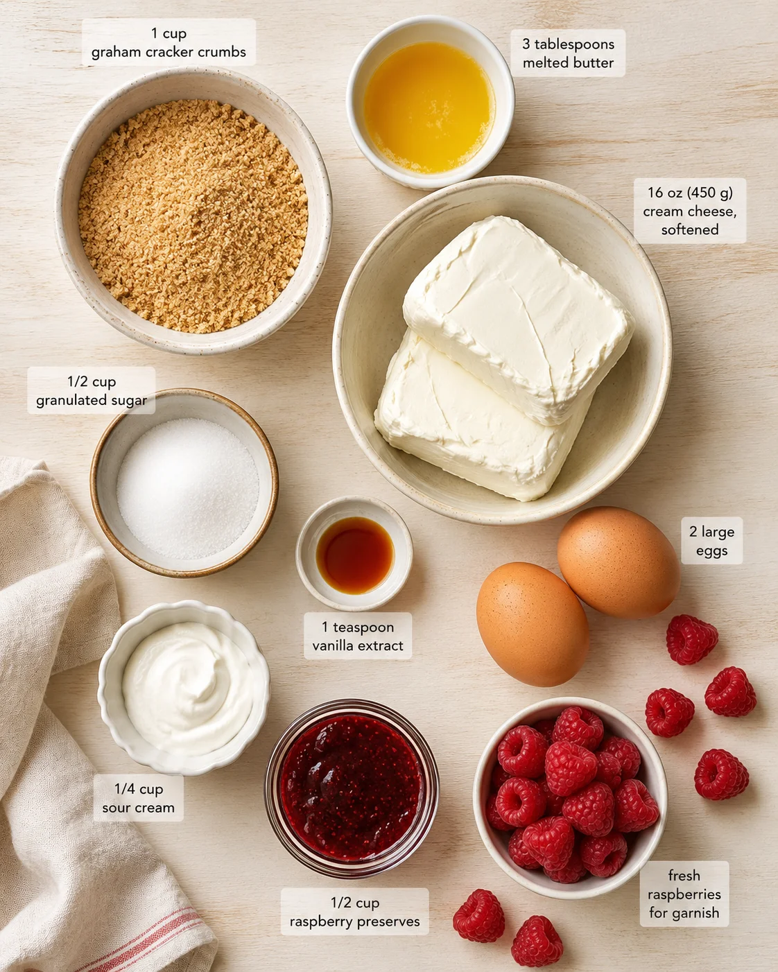 Top-down view of raspberry cheesecake ingredients arranged in bowls and jars on a light wooden surface.