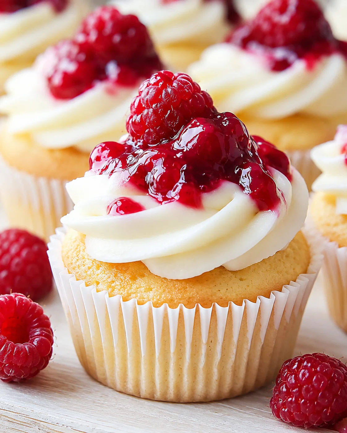 Close-up of a cupcake with white frosting and glossy raspberry topping on a wooden surface.
