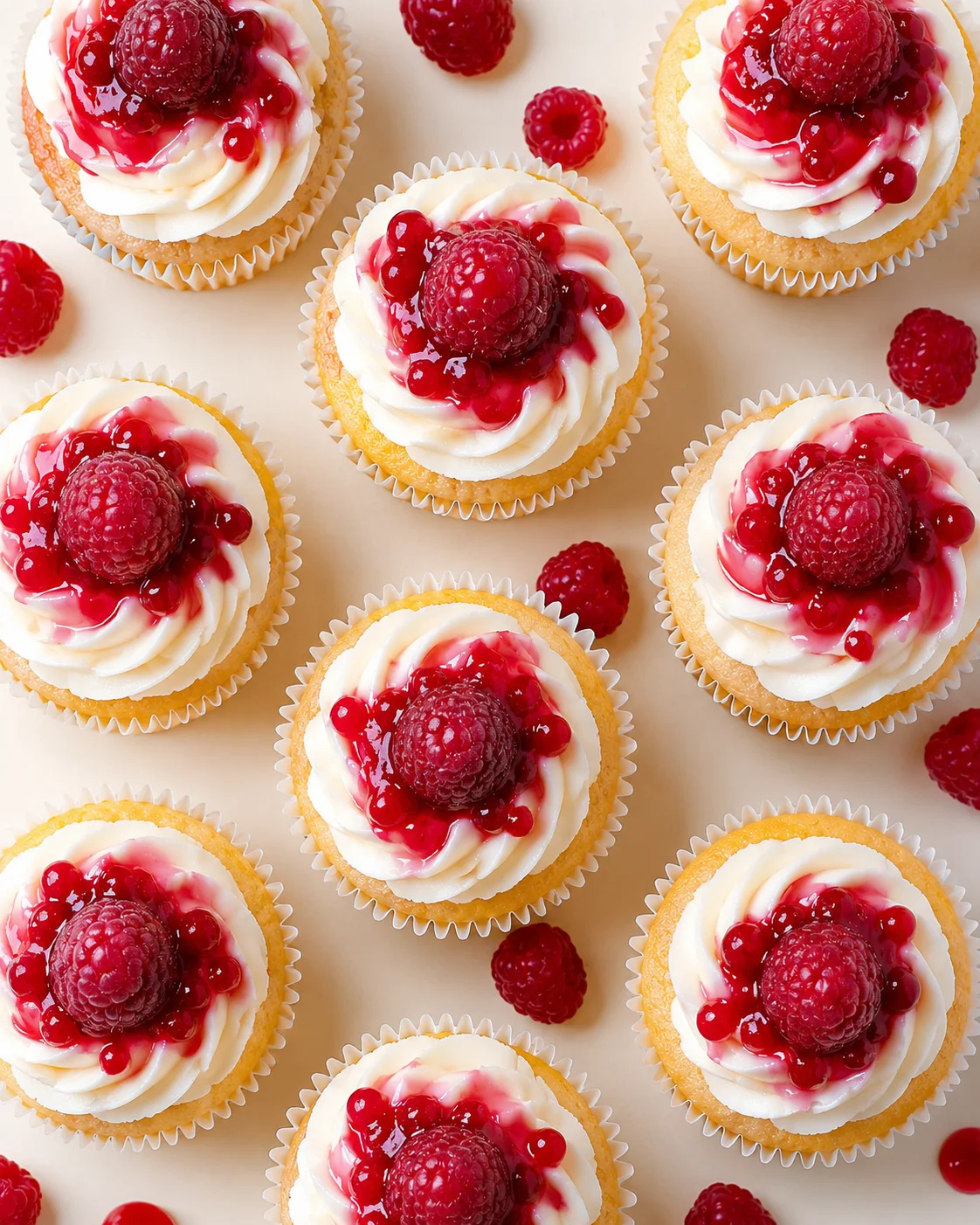 Several vanilla cupcakes with ivory frosting and raspberry topping on a beige background