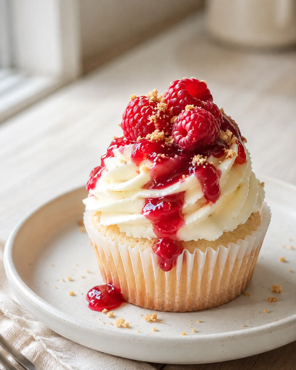 vanilla cupcake with swirled frosting, raspberry sauce, and fresh raspberries on top