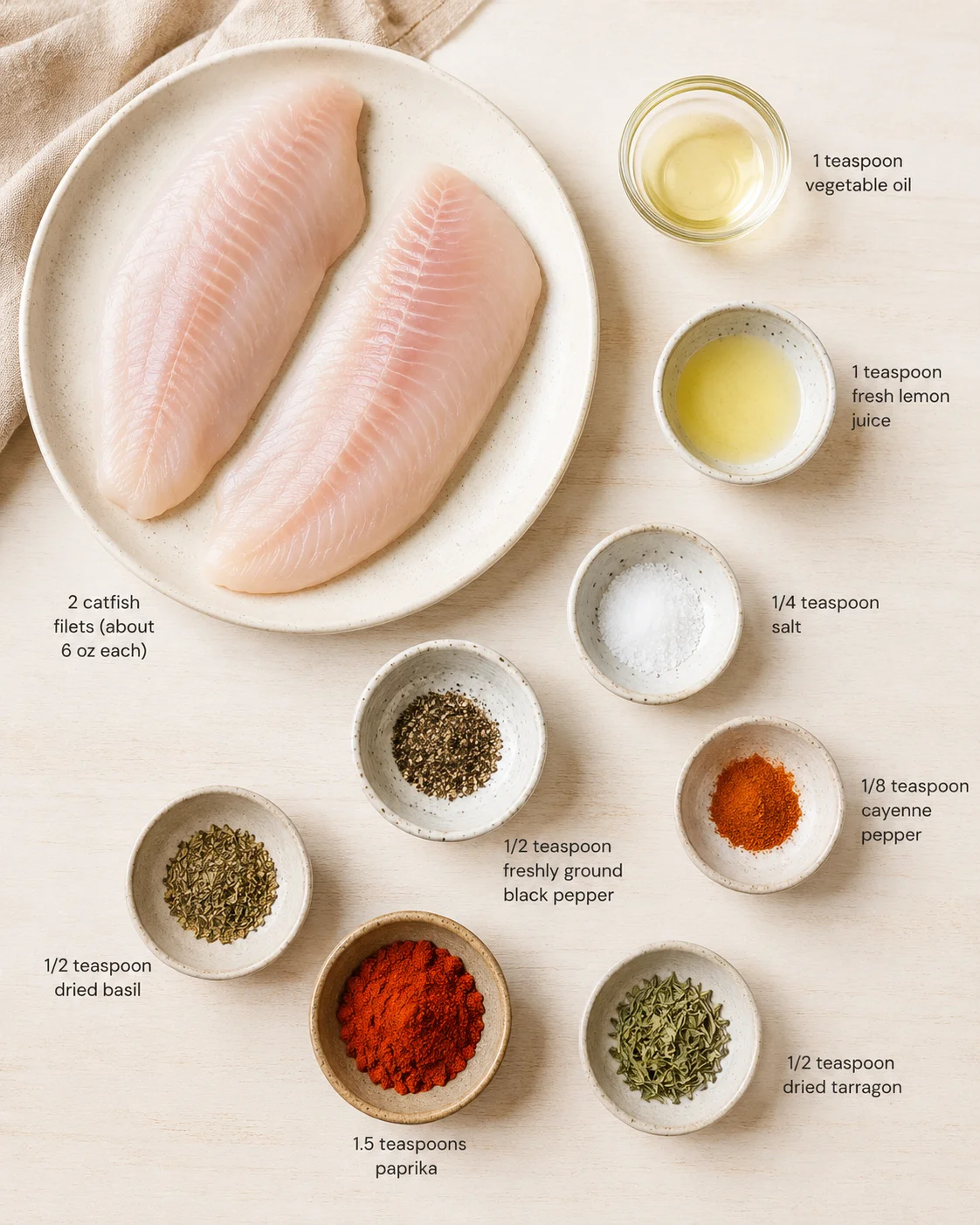 Two raw chicken breasts on a beige plate with bowls of oil, lemon juice, salt, pepper, and spices.