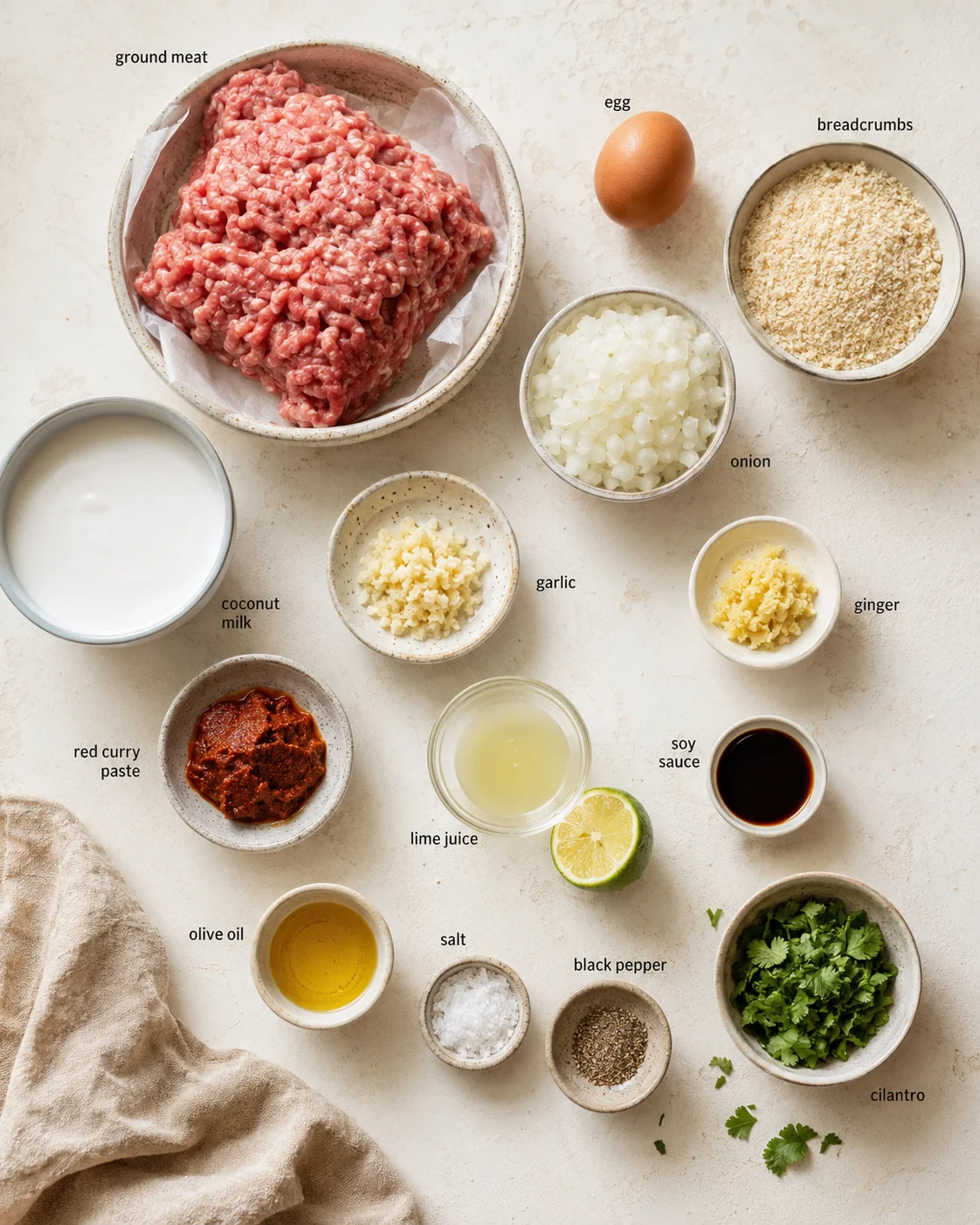 Overhead view of raw ground meat and labeled ingredients arranged for curry on a light countertop.