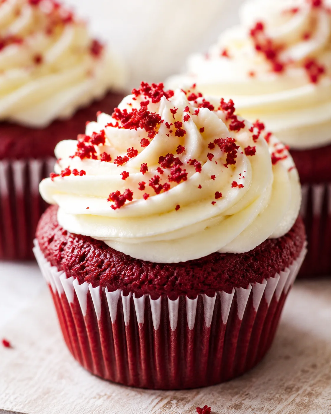 Close-up of a red velvet cupcake with swirled white frosting and red sugar sprinkles on a wooden surface.