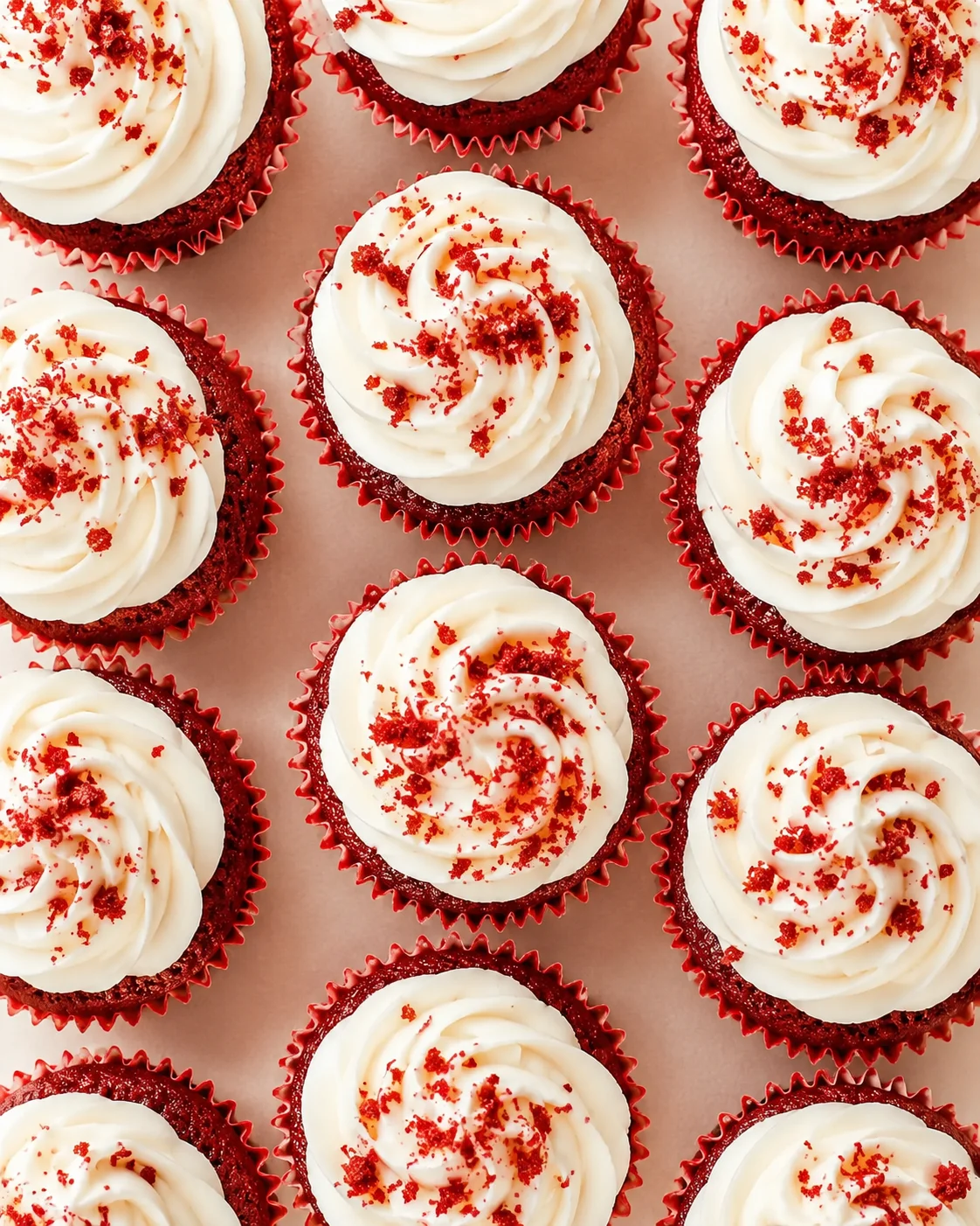 Top-down view of red velvet cupcakes with white frosting and red sprinkles.