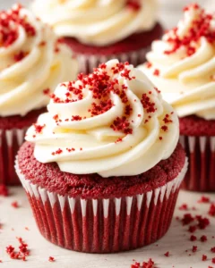 Close-up of red velvet cupcakes topped with swirls of white frosting and red sprinkles.