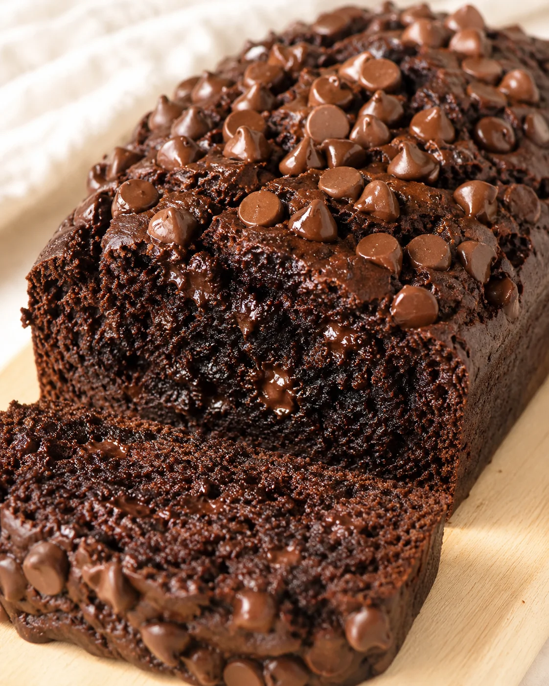 dense chocolate loaf cake studded with glossy chocolate chips, sliced to show moist crumb