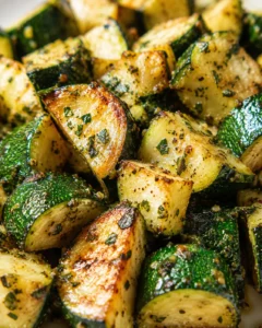 close-up of golden-brown roasted potatoes and zucchini with herbs and oil