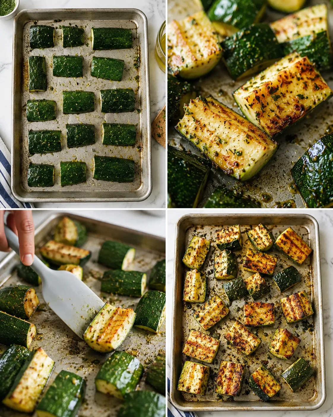 collage of zucchini batons on a baking sheet being roasted, showing green skins, browning, and herbs
