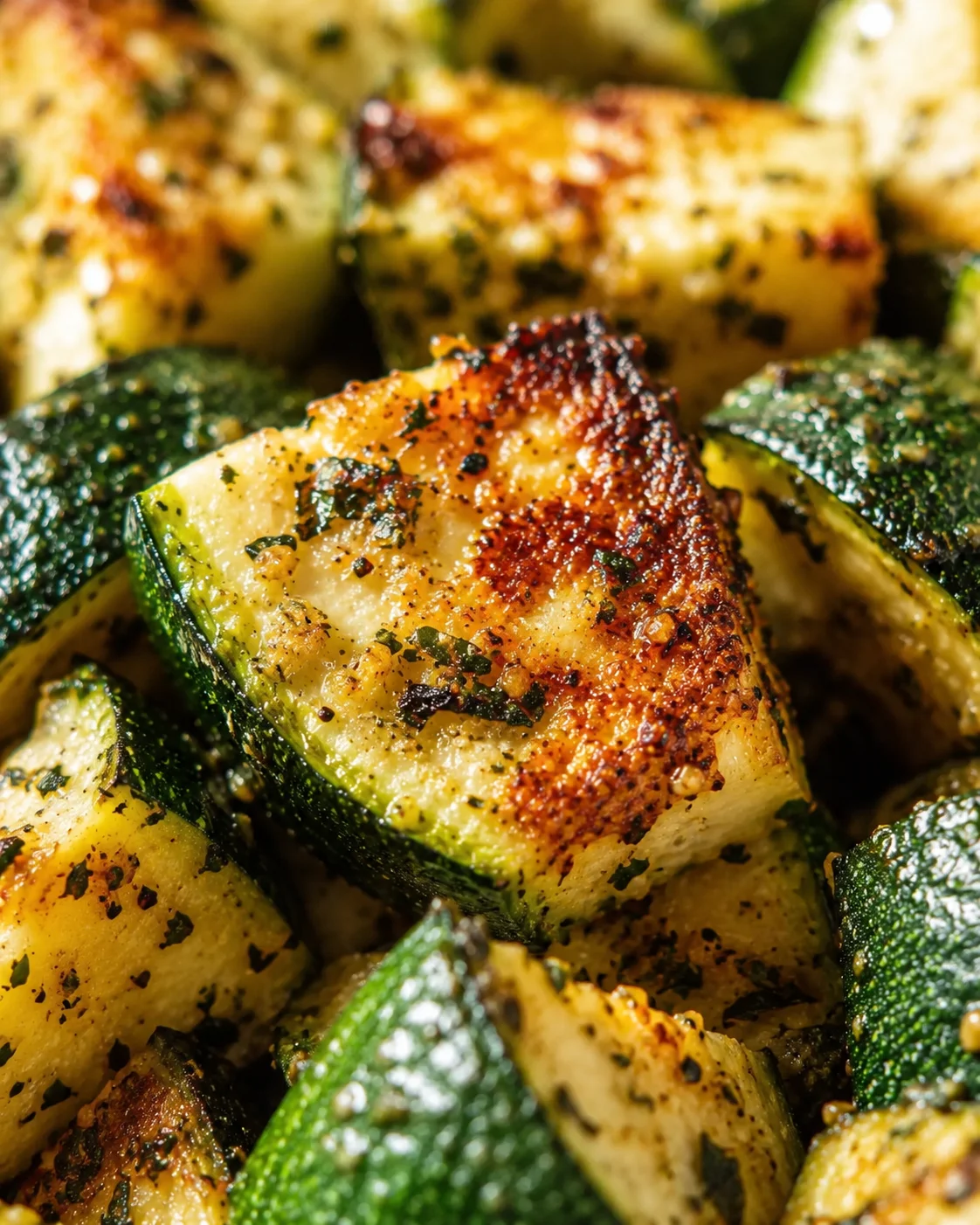 Close-up of crispy herb-speckled roasted zucchini chunks with golden edges.